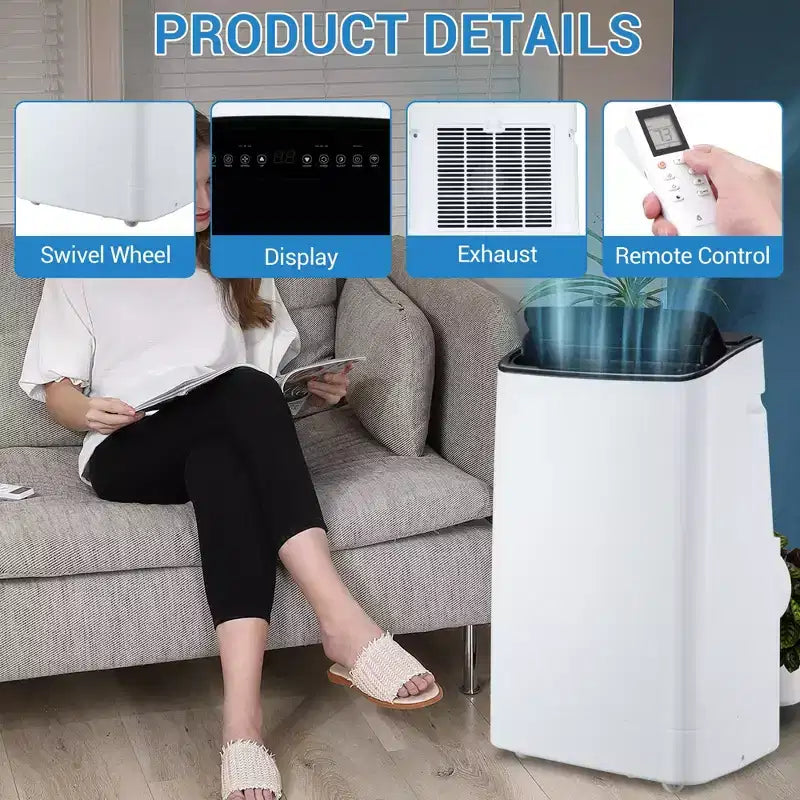 Climatiseur portable silencieux de 14 000 BTU : 3-en-1 rafraîchisseur, déshumidificateur et ventilateur pour grandes pièces jusqu'à 70 m². Comprend une télécommande, un mode veille et une minuterie de 24 heures