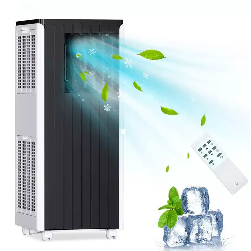Aire acondicionado portátil de 8.000 BTU, deshumidificador y ventilador integrados. Enfría 32,5 m². Incluye temporizador, modo de suspensión, control remoto y kit de ventana.