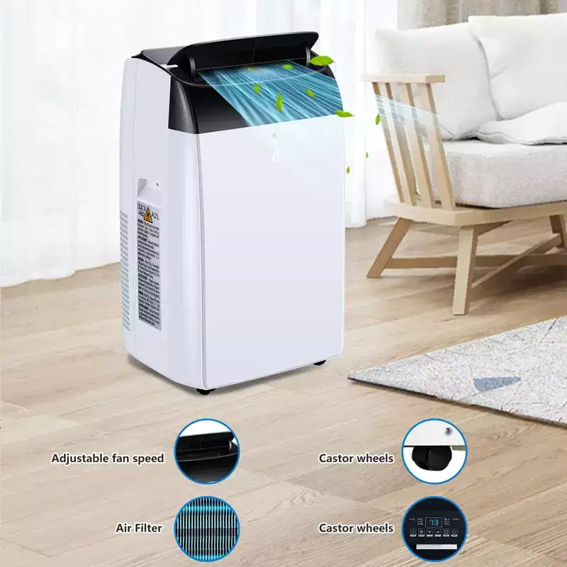 Aire Acondicionado Portátil Pequeño e Inteligente: 12K BTU, Enfriamiento 3 en 1 para Habitaciones de 550 Pies Cuadrados con Control Remoto LCD. Cuenta con Modos Ventilador y Deshumidificador en Blanco