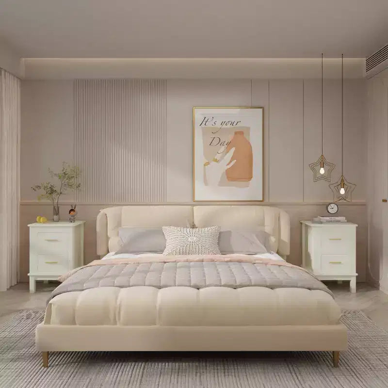 Modern Nightstand with 2 Drawers, Cream White Bedside Table with Gold Handles, Compact Wood Accent Table for Small Spaces