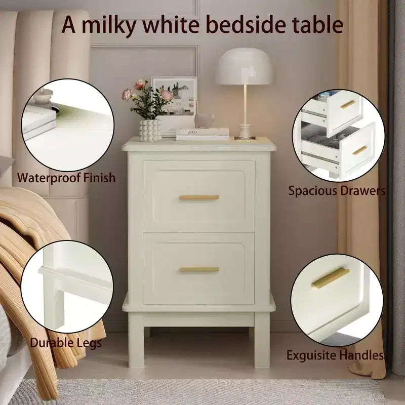 Modern Nightstand with 2 Drawers, Cream White Bedside Table with Gold Handles, Compact Wood Accent Table for Small Spaces
