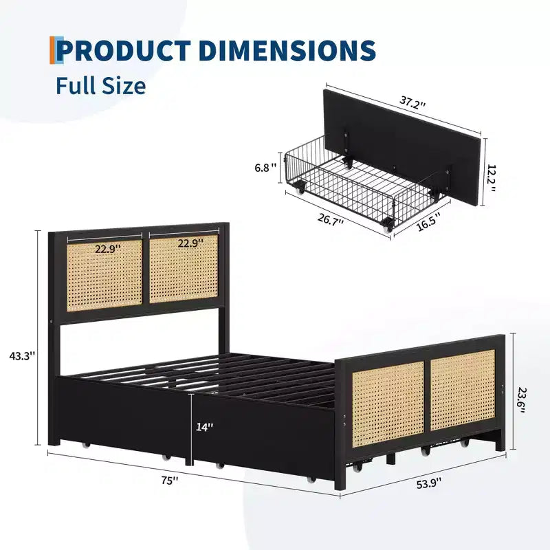 Black Rattan Bed Frame with Headboard, Boho Cane Platform Full Size Bed Frame with 4 Drawers, Strong Metal Slats Support, No Box Spring Needed