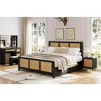 Black Rattan Bed Frame with Headboard, Boho Cane Platform Full Size Bed Frame with 4 Drawers, Strong Metal Slats Support, No Box Spring Needed