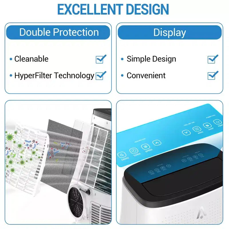 Climatiseur portable intelligent Acekool 15 000 BTU, climatisation intérieure 5-en-1, télécommande, silencieux, jusqu'à 79 m², pour chambre à coucher/bureau, dessus noir