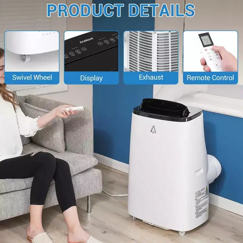 Climatiseur portable intelligent Acekool 15 000 BTU, climatisation intérieure 5-en-1, télécommande, silencieux, jusqu'à 79 m², pour chambre à coucher/bureau, dessus noir