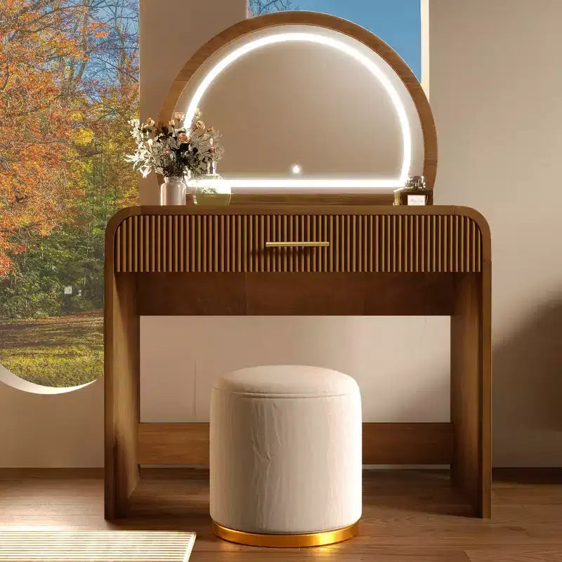 Tocador de textura ondulada de 39 pulgadas con pantalla táctil e iluminación LED integrada, un cajón, ideal para dormitorios, espresso