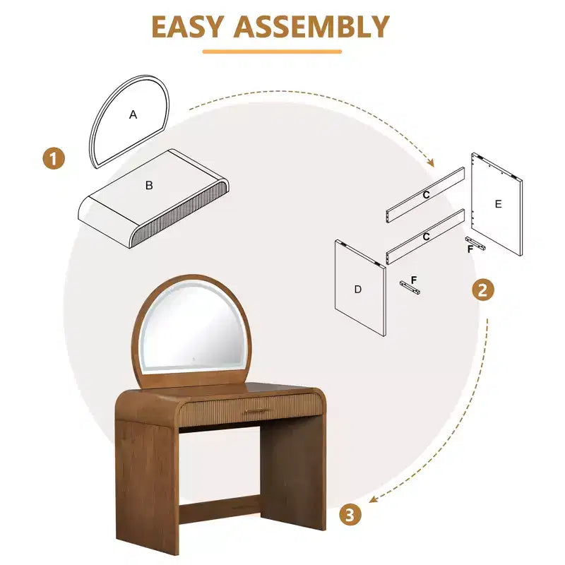 Tocador de textura ondulada de 39 pulgadas con pantalla táctil e iluminación LED integrada, un cajón, ideal para dormitorios, espresso
