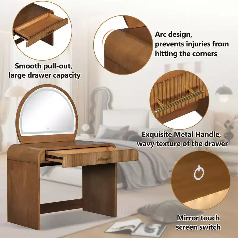 Tocador de textura ondulada de 39 pulgadas con pantalla táctil e iluminación LED integrada, un cajón, ideal para dormitorios, espresso