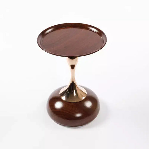 VIYET 21 Mermaid Tail Round End Table, Art Deco Metal Pedestal Accent Table, Minimalist Tray-Style Side Table for Small Spaces (Walnut Brown)