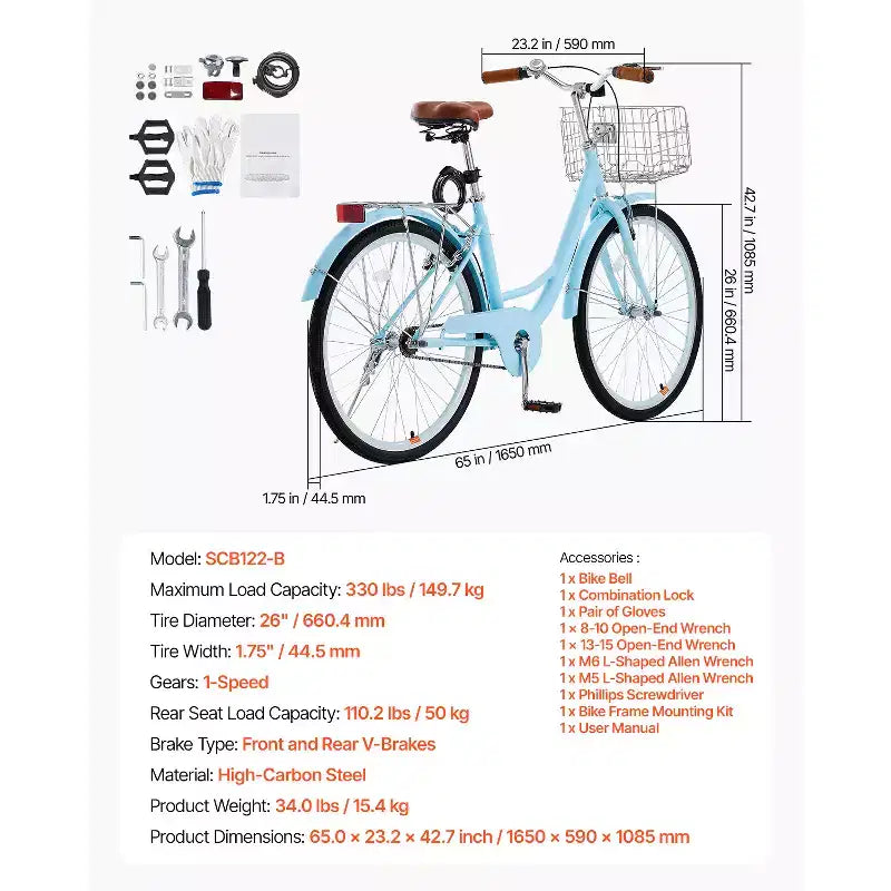 VEVOR Bicicleta Crucero, 1 Velocidad, Bicicleta Crucero de Playa de 26 Pulgadas Azul Claro con Cesta de Gran Capacidad y Portaequipajes Trasero, Bicicleta Crucero Segura y Robusta, Azul Claro