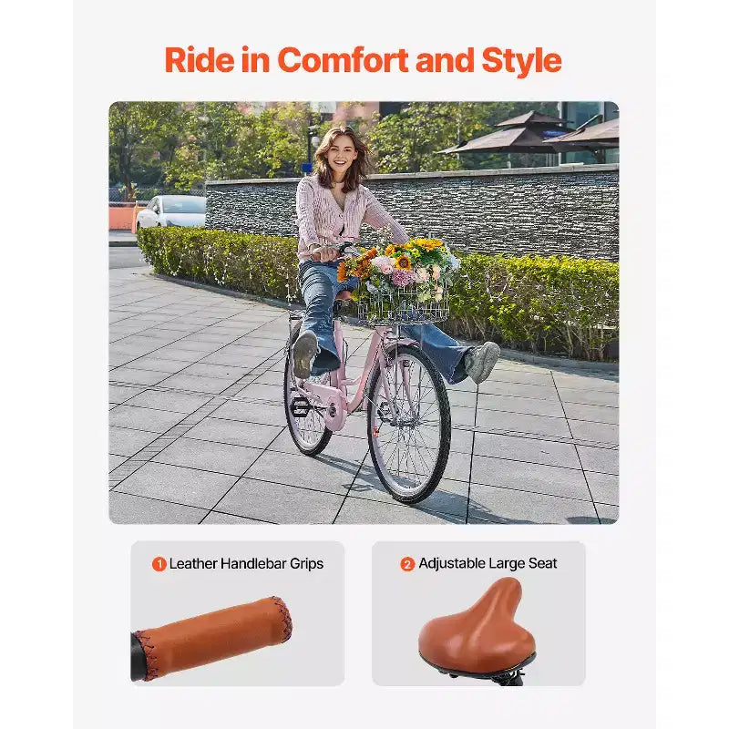 VEVOR Bicicleta de Crucero, 1 velocidad, Bicicleta de Crucero de Playa Rosa de 26 pulgadas con Cesta de Gran Capacidad y Portaequipajes Trasero, Bicicleta de Crucero Segura y Resistente, Rosa