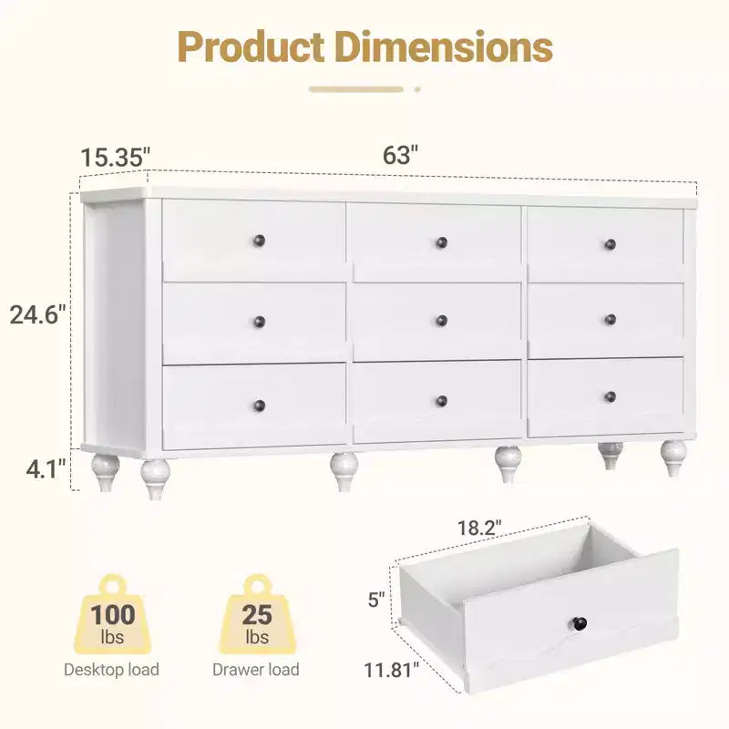 Besiost Closet Storage Cabinet with 9 Drawers, Wooden Dresser with Scalloped Front