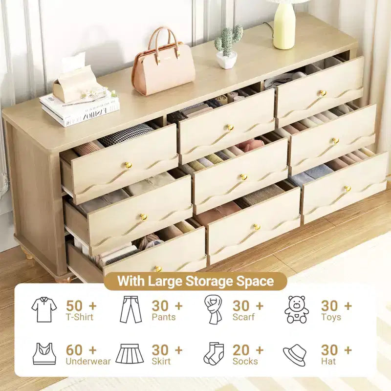 Besiost Closet Storage Cabinet with 9 Drawers, Wooden Dresser with Scalloped Front