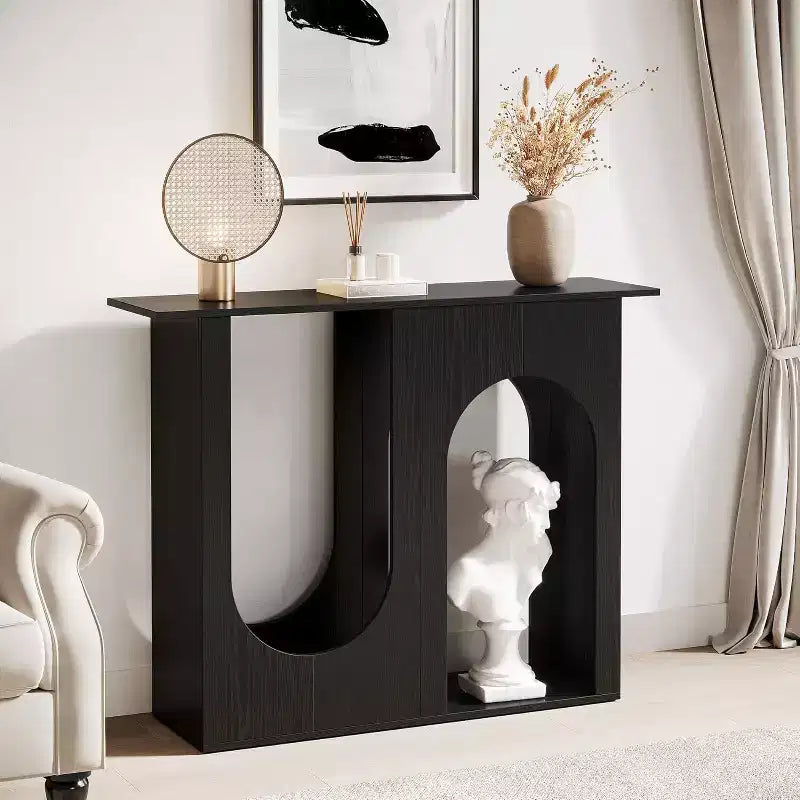 Mesa de sofá negra de 39.4'' con diseño arqueado, mesa consola estrecha para detrás del sofá, entrada, pasillo, sala de estar, fácil montaje.