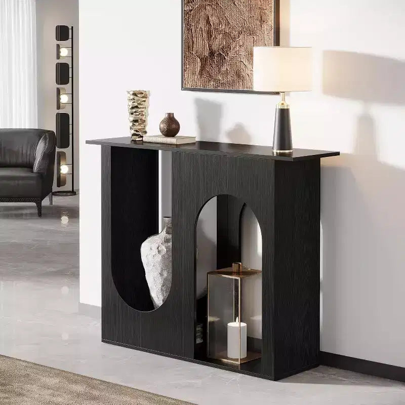 Mesa de sofá negra de 39.4'' con diseño arqueado, mesa consola estrecha para detrás del sofá, entrada, pasillo, sala de estar, fácil montaje.