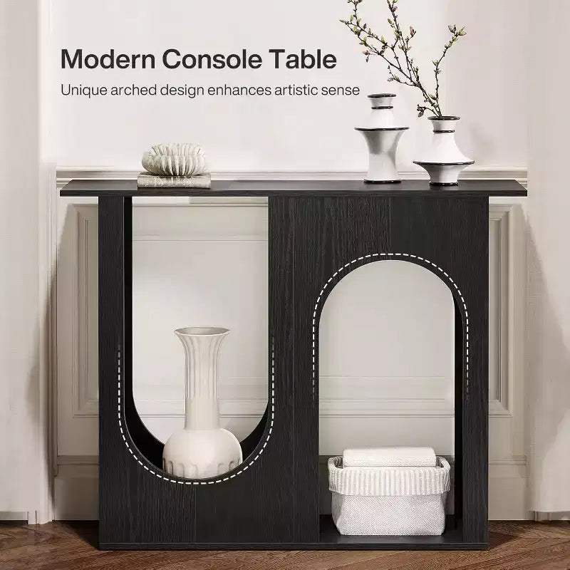 Mesa de sofá negra de 39.4'' con diseño arqueado, mesa consola estrecha para detrás del sofá, entrada, pasillo, sala de estar, fácil montaje.