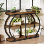 Mesa consola de 104.9 cm, mesa de entrada industrial de 3 niveles con marco de metal arqueado y estantes de almacenamiento para sala de estar, pasillo, marrón rústico