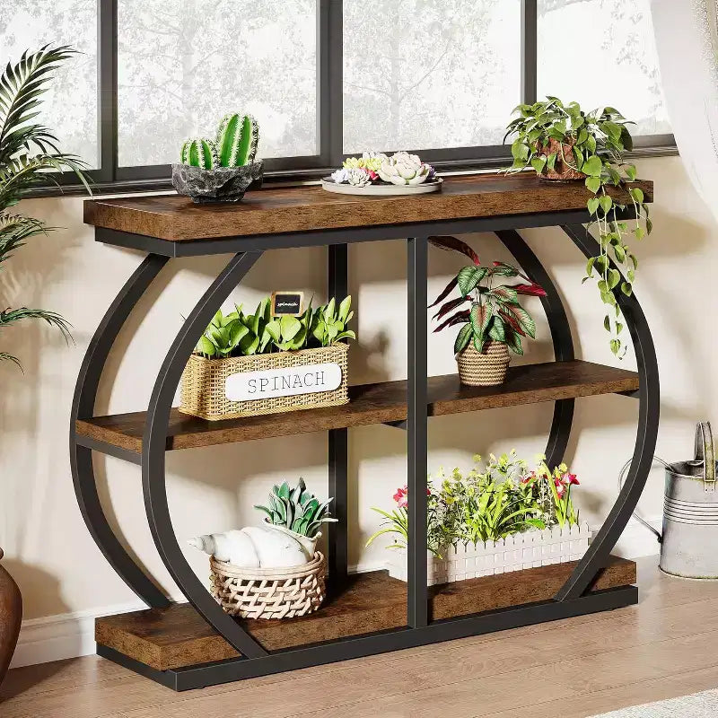 Mesa consola de 104.9 cm, mesa de entrada industrial de 3 niveles con marco de metal arqueado y estantes de almacenamiento para sala de estar, pasillo, marrón rústico