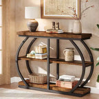 Mesa consola de 104.9 cm, mesa de entrada industrial de 3 niveles con marco de metal arqueado y estantes de almacenamiento para sala de estar, pasillo, marrón rústico