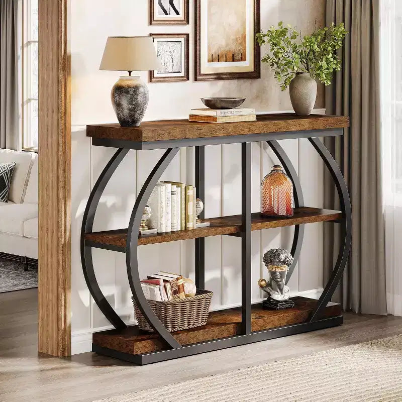 Mesa consola de 104.9 cm, mesa de entrada industrial de 3 niveles con marco de metal arqueado y estantes de almacenamiento para sala de estar, pasillo, marrón rústico