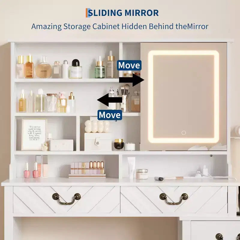 Tocador blanco con espejo deslizante e iluminación, mesa de maquillaje con taburete, estación de carga, almacenamiento y soporte para secador de pelo