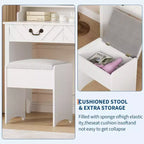 Tocador blanco con espejo deslizante e iluminación, mesa de maquillaje con taburete, estación de carga, almacenamiento y soporte para secador de pelo