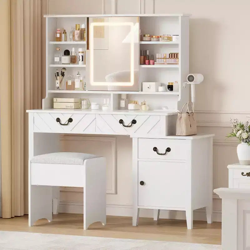 Tocador blanco con espejo deslizante e iluminación, mesa de maquillaje con taburete, estación de carga, almacenamiento y soporte para secador de pelo