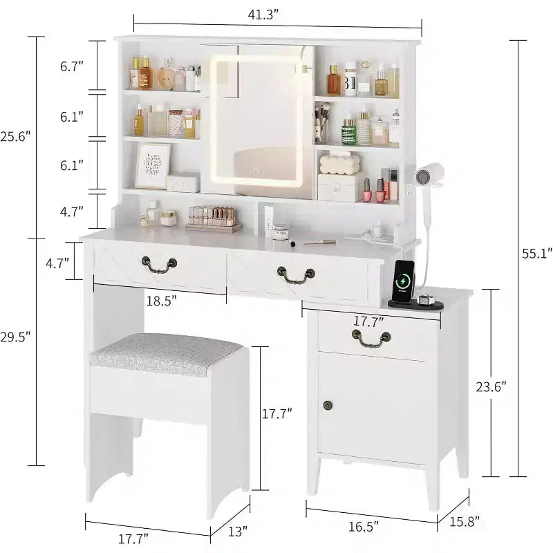 Tocador blanco con espejo deslizante e iluminación, mesa de maquillaje con taburete, estación de carga, almacenamiento y soporte para secador de pelo