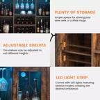Botellero con almacenamiento y luz, Muebles de bar para el hogar, Bar para licores en casa, Mueble cafetero con estante para copas