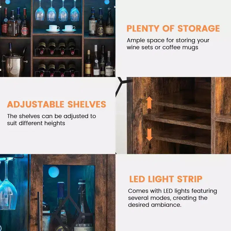 Botellero con almacenamiento y luz, Muebles de bar para el hogar, Bar para licores en casa, Mueble cafetero con estante para copas