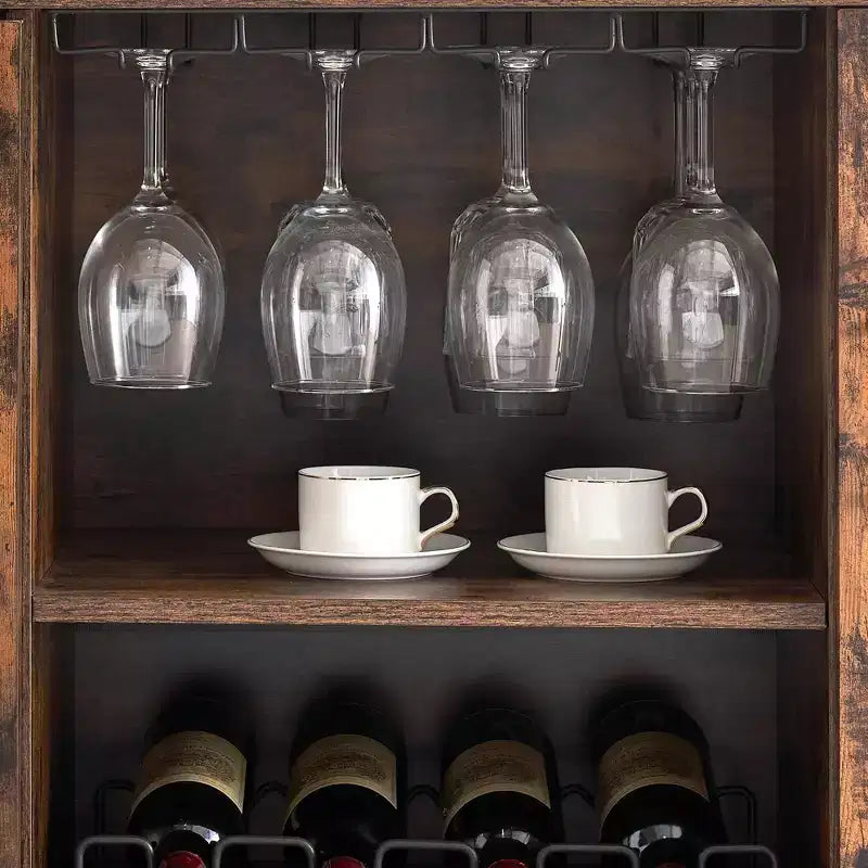 Botellero con almacenamiento y luz, Muebles de bar para el hogar, Bar para licores en casa, Mueble cafetero con estante para copas