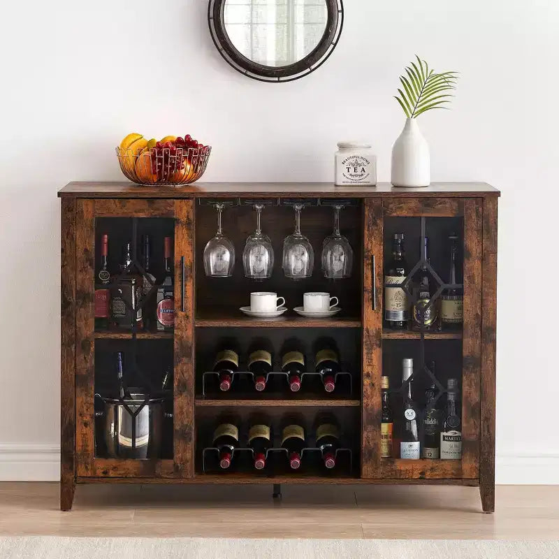 Botellero con almacenamiento y luz, Muebles de bar para el hogar, Bar para licores en casa, Mueble cafetero con estante para copas