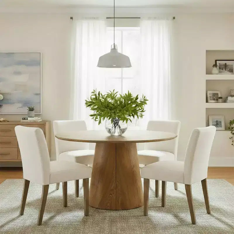 Ensemble table à manger extensible 120-210 cm pour 4 personnes, table finition bois naturel et 4 chaises sans accoudoirs rembourrées avec pieds en bois massif-Panipeachy