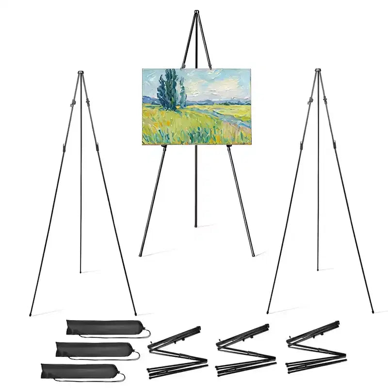 Caballete de 3 unidades para letreros, caballete de exhibición de metal portátil ajustable de 66" con base de trípode, soporte plegable para letreros para letreros de boda, lienzos de pintura