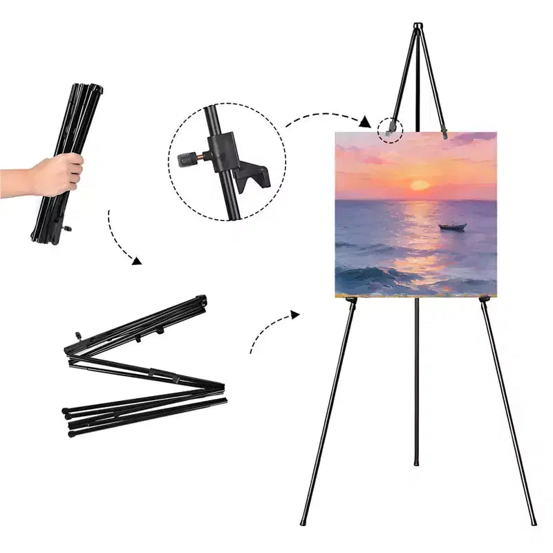 Caballete de 3 unidades para letreros, caballete de exhibición de metal portátil ajustable de 66" con base de trípode, soporte plegable para letreros para letreros de boda, lienzos de pintura