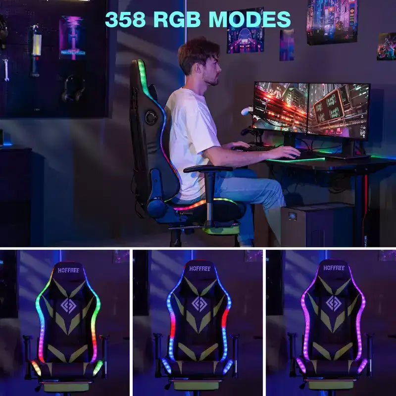 Sillón de oficina ergonómico Hoffree para juegos, reclinable, con masaje, altavoz Bluetooth y luz RGB
