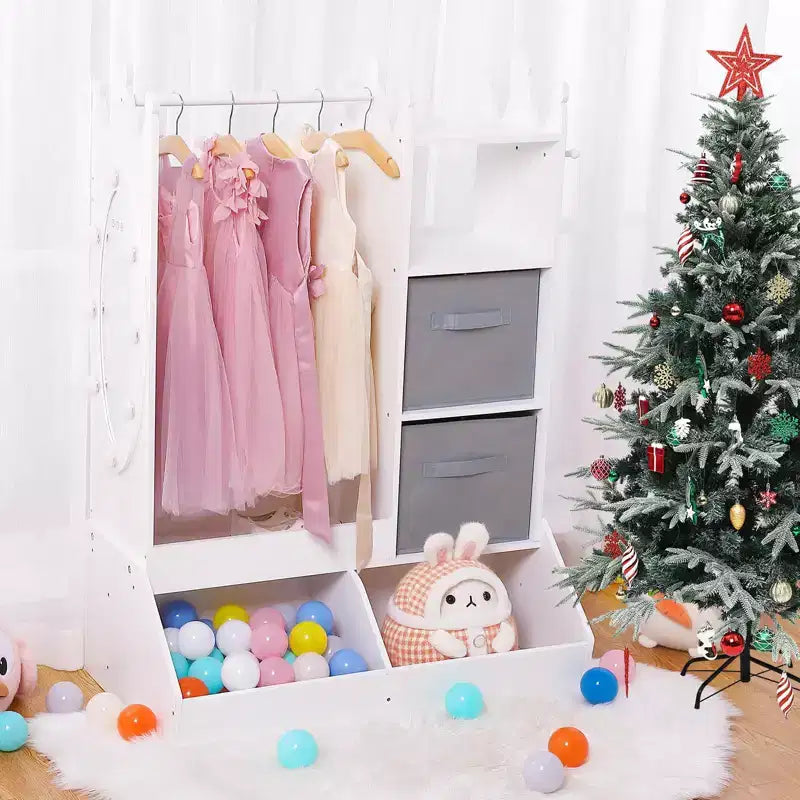 Kids Dress Up Storage, Lighted Mirror Costume Wardrobe Closet with Hanging Armoire & Bins for Bedroom Playroom