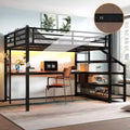 Queen Loft Bed with Desk and Storage Stairs Metal Loft Beds with LED Lights USB Ports Multifunctional Iron Nets No Spring Box Black