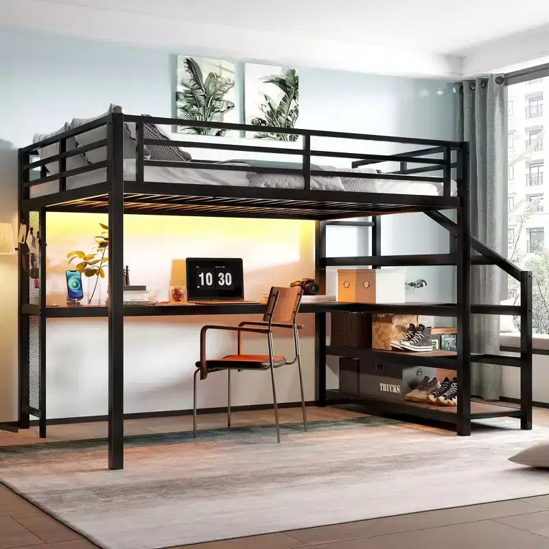 Cama Queen Loft con Escritorio y Escalera de Almacenamiento, Camas Loft Metálicas con Luces LED, Puertos USB, Redes de Hierro Multifuncionales, Sin Somier, Negro