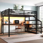 Cama Queen Loft con Escritorio y Escalera de Almacenamiento, Camas Loft Metálicas con Luces LED, Puertos USB, Redes de Hierro Multifuncionales, Sin Somier, Negro