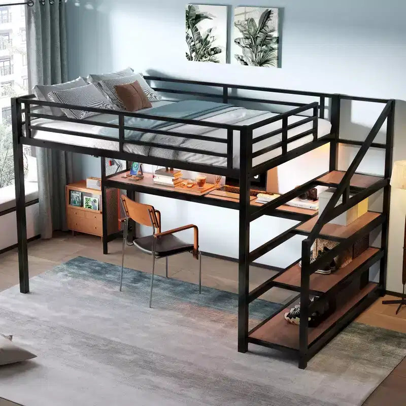 Cama Queen Loft con Escritorio y Escalera de Almacenamiento, Camas Loft Metálicas con Luces LED, Puertos USB, Redes de Hierro Multifuncionales, Sin Somier, Negro