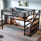 Cama Queen Loft con Escritorio y Escalera de Almacenamiento, Camas Loft Metálicas con Luces LED, Puertos USB, Redes de Hierro Multifuncionales, Sin Somier, Negro