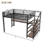 Cama Queen Loft con Escritorio y Escalera de Almacenamiento, Camas Loft Metálicas con Luces LED, Puertos USB, Redes de Hierro Multifuncionales, Sin Somier, Negro