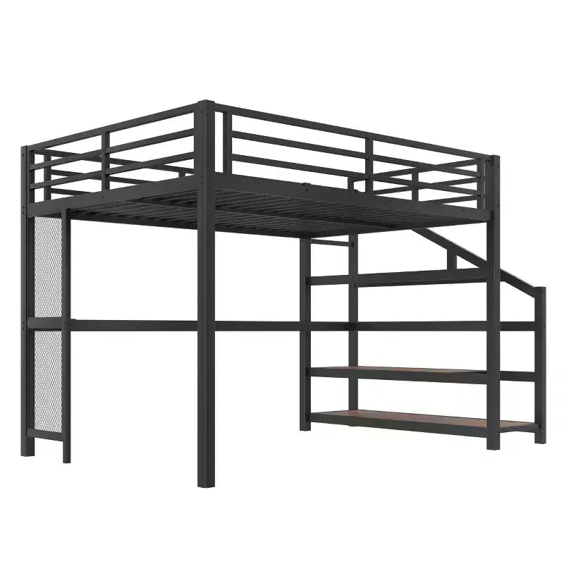 Cama Queen Loft con Escritorio y Escalera de Almacenamiento, Camas Loft Metálicas con Luces LED, Puertos USB, Redes de Hierro Multifuncionales, Sin Somier, Negro