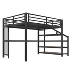Cama Queen Loft con Escritorio y Escalera de Almacenamiento, Camas Loft Metálicas con Luces LED, Puertos USB, Redes de Hierro Multifuncionales, Sin Somier, Negro