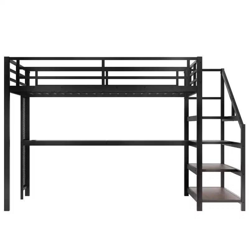 Cama Queen Loft con Escritorio y Escalera de Almacenamiento, Camas Loft Metálicas con Luces LED, Puertos USB, Redes de Hierro Multifuncionales, Sin Somier, Negro