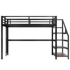 Cama Queen Loft con Escritorio y Escalera de Almacenamiento, Camas Loft Metálicas con Luces LED, Puertos USB, Redes de Hierro Multifuncionales, Sin Somier, Negro