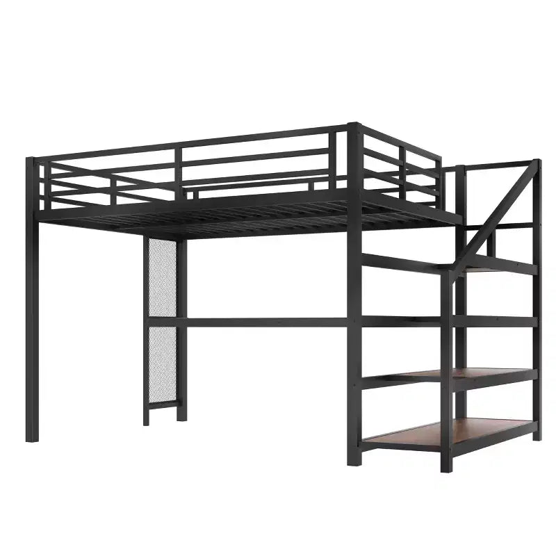 Cama Queen Loft con Escritorio y Escalera de Almacenamiento, Camas Loft Metálicas con Luces LED, Puertos USB, Redes de Hierro Multifuncionales, Sin Somier, Negro