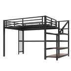 Cama Queen Loft con Escritorio y Escalera de Almacenamiento, Camas Loft Metálicas con Luces LED, Puertos USB, Redes de Hierro Multifuncionales, Sin Somier, Negro