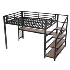 Cama Queen Loft con Escritorio y Escalera de Almacenamiento, Camas Loft Metálicas con Luces LED, Puertos USB, Redes de Hierro Multifuncionales, Sin Somier, Negro